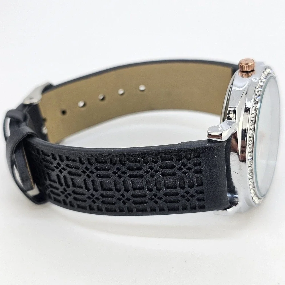 Jessica Carlyle 36MM Women Watch White Dial Crystal Bezel Black Bands NewBattery